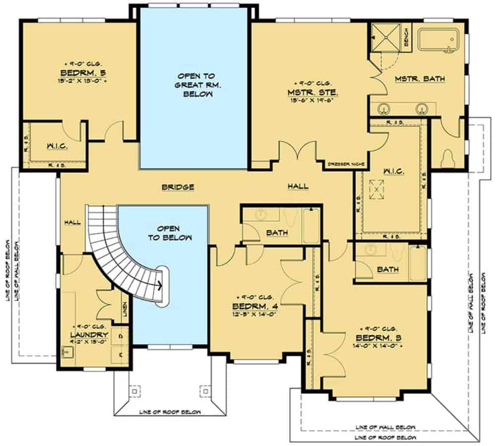 Second level floor plan with four bedrooms, three baths, and a laundry room.