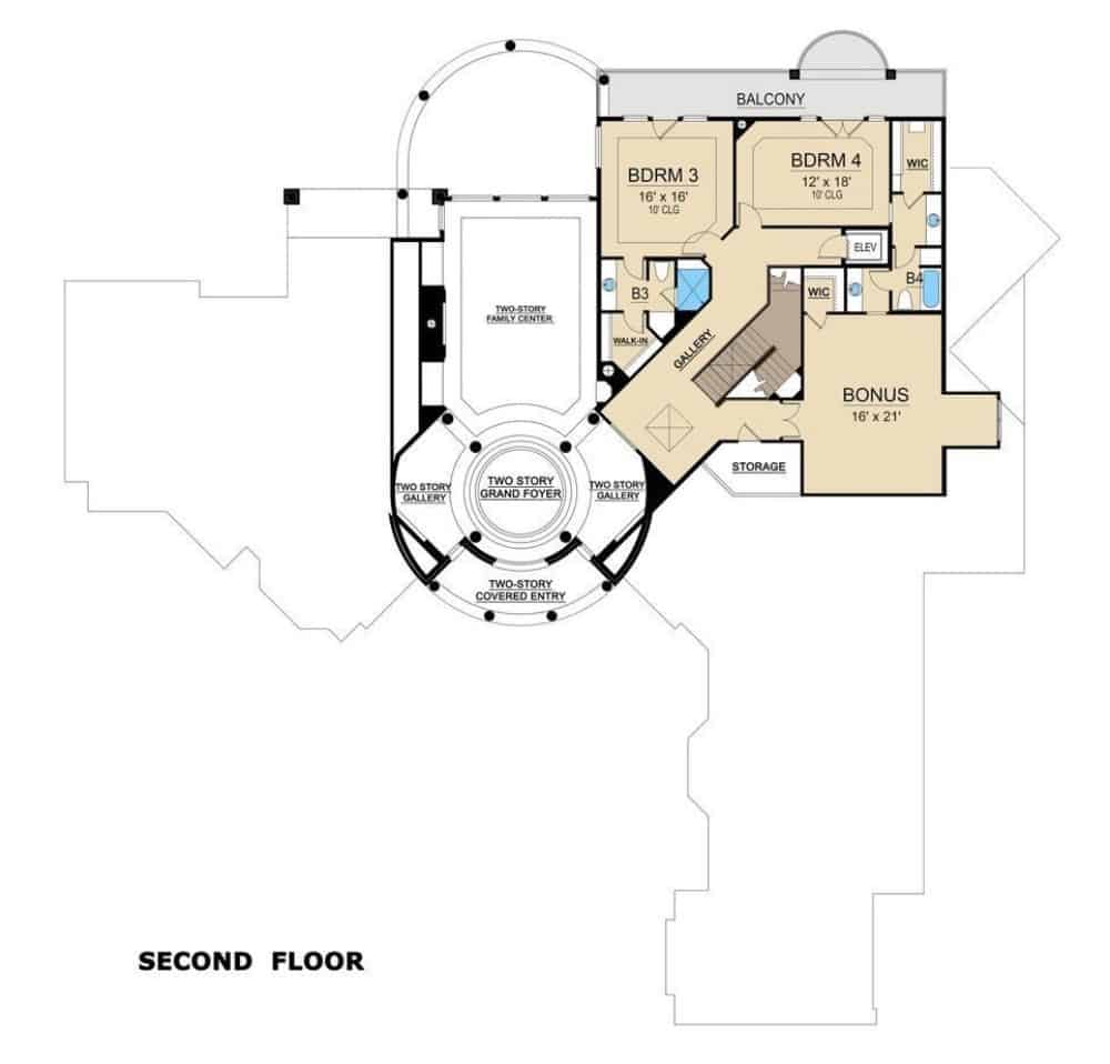 Second level floor plan with two bedroom suites and a bonus room.