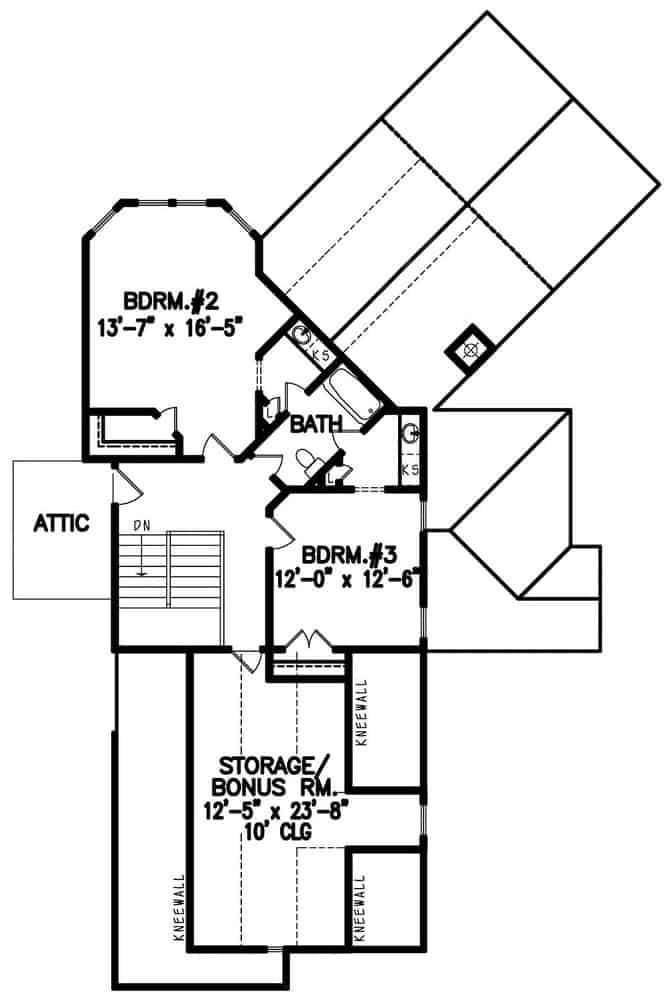 Second level floor plan with a bonus room and two bedrooms sharing a Jack and Jill Bath.
