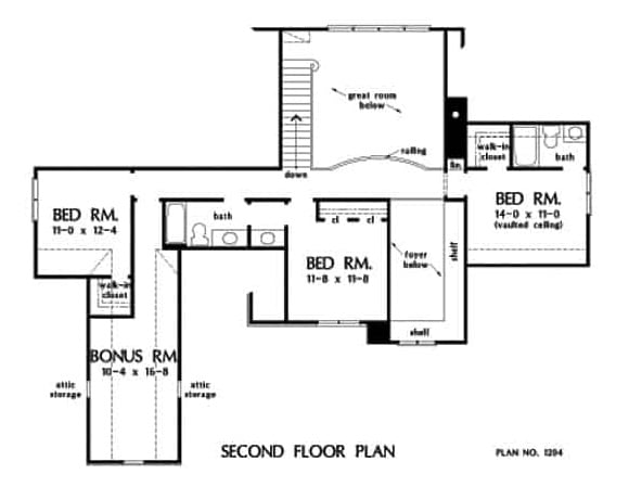 Second level floor plan with three bedrooms, two full baths, and a bonus room.