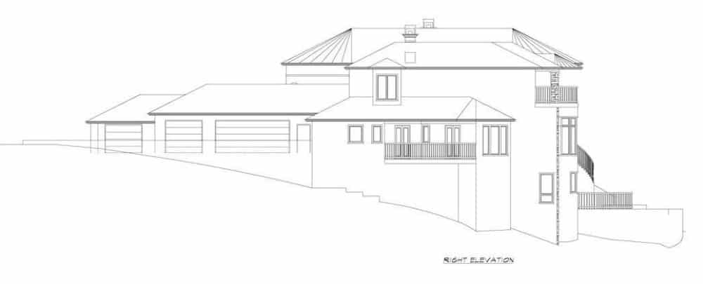 Right elevation sketch of the 4-bedroom Italianate two-story luxury home.