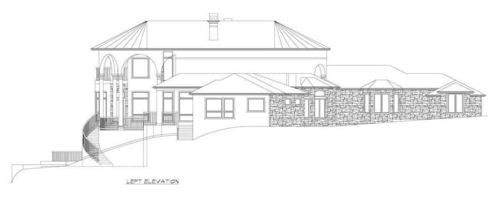 Left elevation sketch of the 4-bedroom Italianate two-story luxury home.