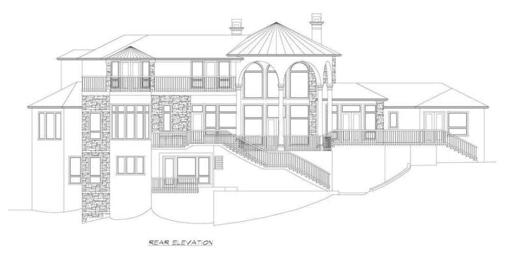 Rear elevation sketch of the 4-bedroom Italianate two-story luxury home.