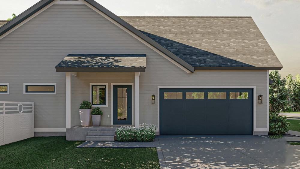 Left rendering of the two-story 5-bedroom New American home.