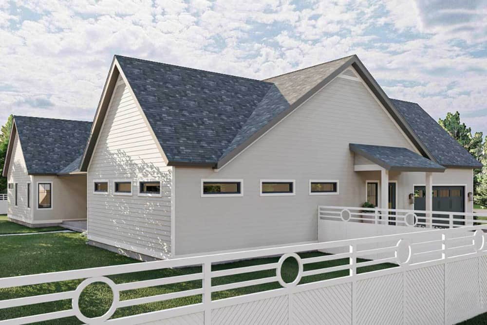 Rear-left rendering of the two-story 5-bedroom New American home.