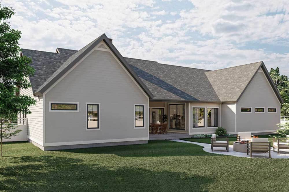 Rear-right rendering of the two-story 5-bedroom New American home.