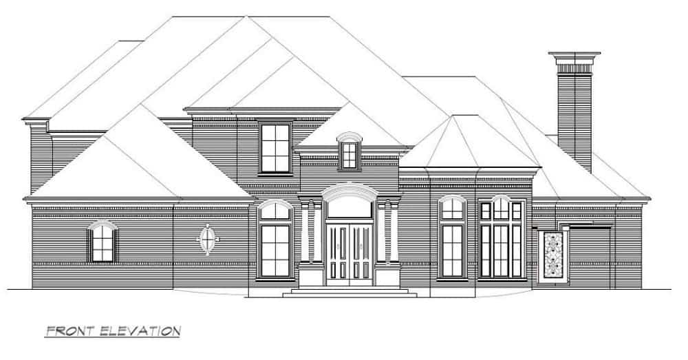 Front elevation sketch of the 3-bedroom European style two-story home.