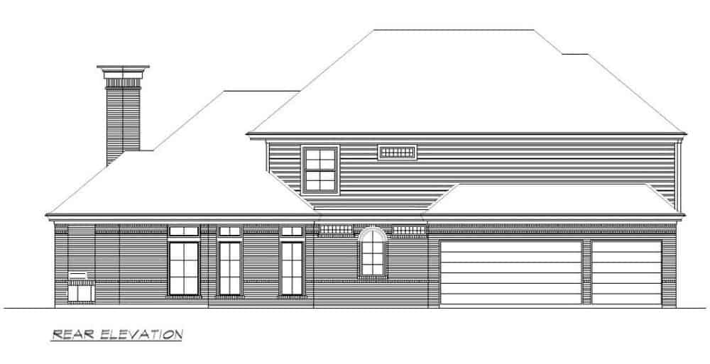 Rear elevation sketch of the 3-bedroom European style two-story home.