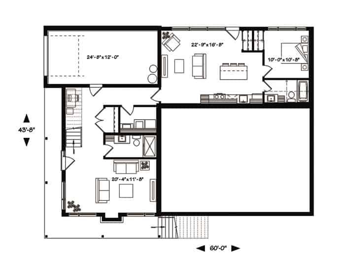Second level floor plan with a 1 bedroom apartment complete with a living space, a full kitchen, and a bedroom.