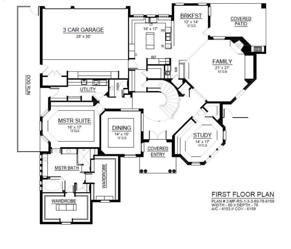 Main level floor plan of a 3-bedroom European style two-story home with covered entry, study, family room, breakfast nook, kitchen, formal dining room, primary suite, utility room, and a 3-car garage.