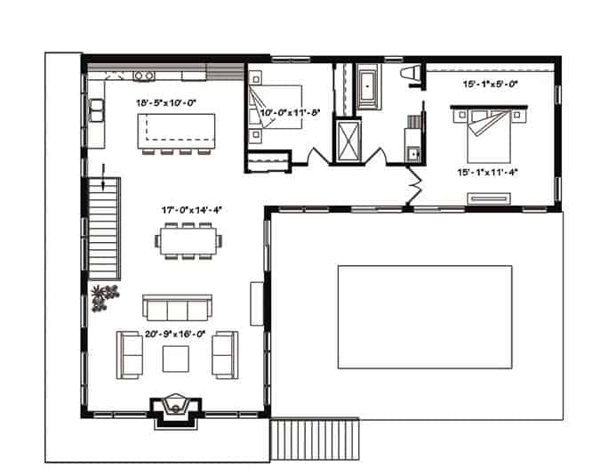 Main level floor plan of a 3-bedroom single-story contemporary home with a living room, dining area, kitchen, and two bedrooms sharing a full bath.