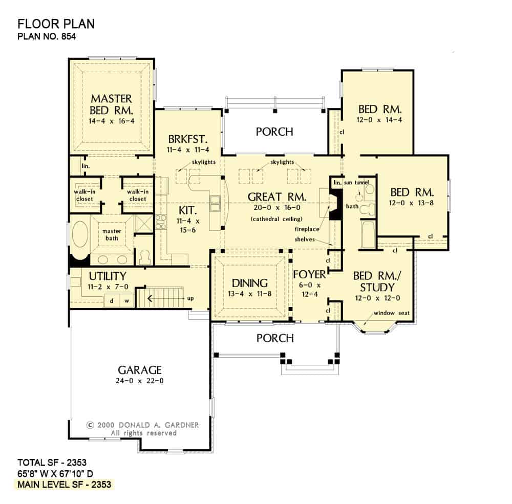 Main level floor plan of a 4-bedroom single-story The Nottingham stone ranch with front and rear porches, foyer, formal dining room, great room, kitchen, breakfast room, utility, and four bedrooms including the primary suite and the flexible study.