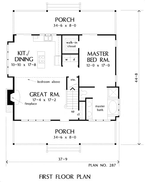 Main level floor plan of a rustic two-story 3-bedroom The Seymour cottage front and rear porches, great room, kitchen/dining, and primary suite.