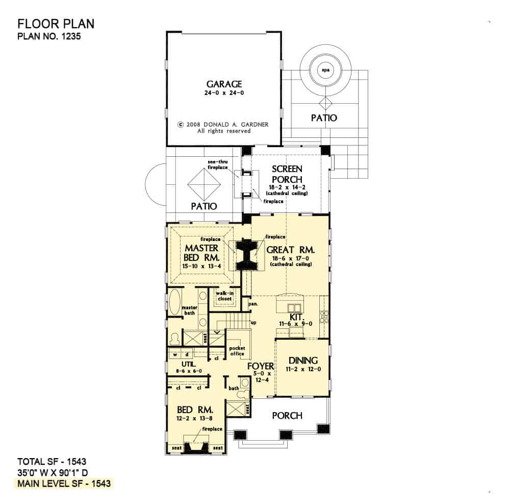 Main level floor plan of a single-story 2-bedroom The Park Ridge craftsman home with foyer, formal dining room, great room, kitchen, two bedrooms, utility room, and lots of outdoor spaces.