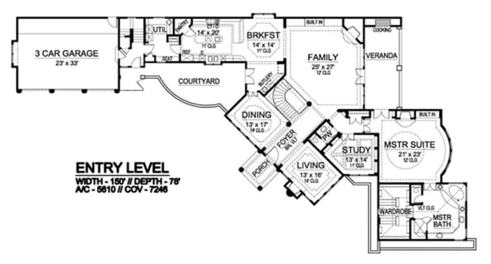 Main level floor plan of a single-story 4-bedroom Mediterranean home with courtyard, foyer, living room formal dining room, family room, kitchen, breakfast nook, study, primary suite, and utility room leading to the garage.