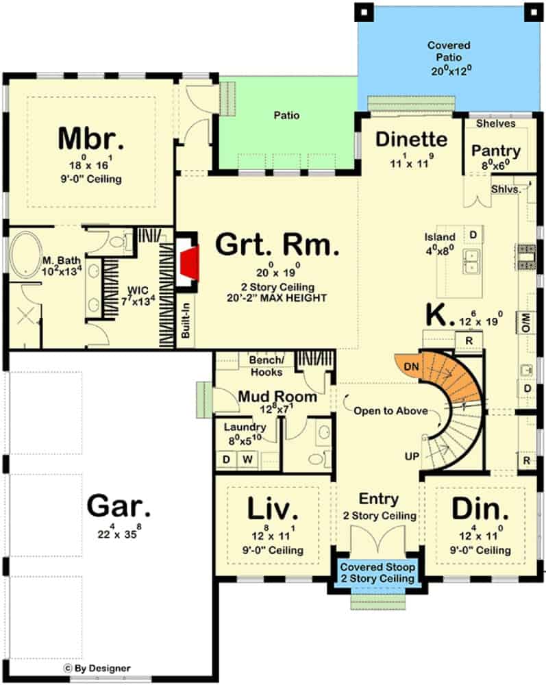 Main level floor plan of a traditional 5-bedroom two-story colonial style home with foyer, living room, dining room, kitchen, great room, dinette, primary suite, and mudroom leading to the garage.