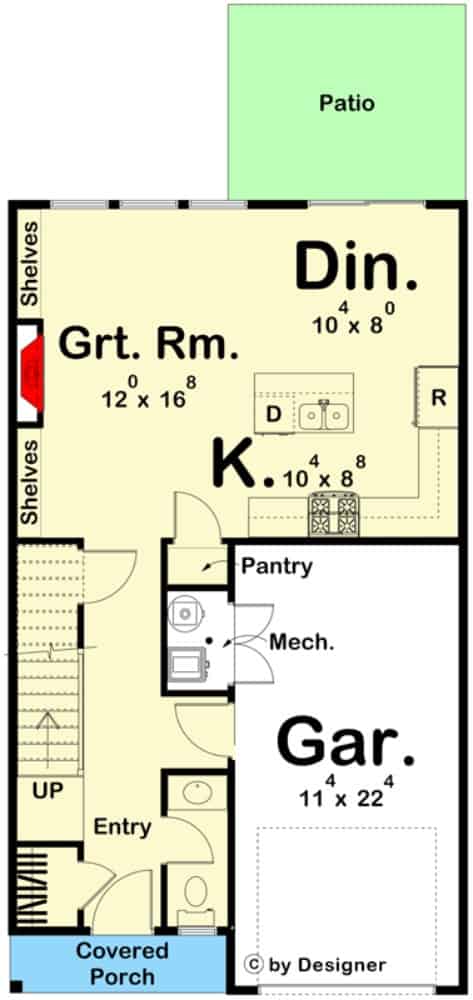 Main level floor plan of a two-story country style 3-bedroom cottage with foyer, great room, kitchen, dining area, and a single garage.