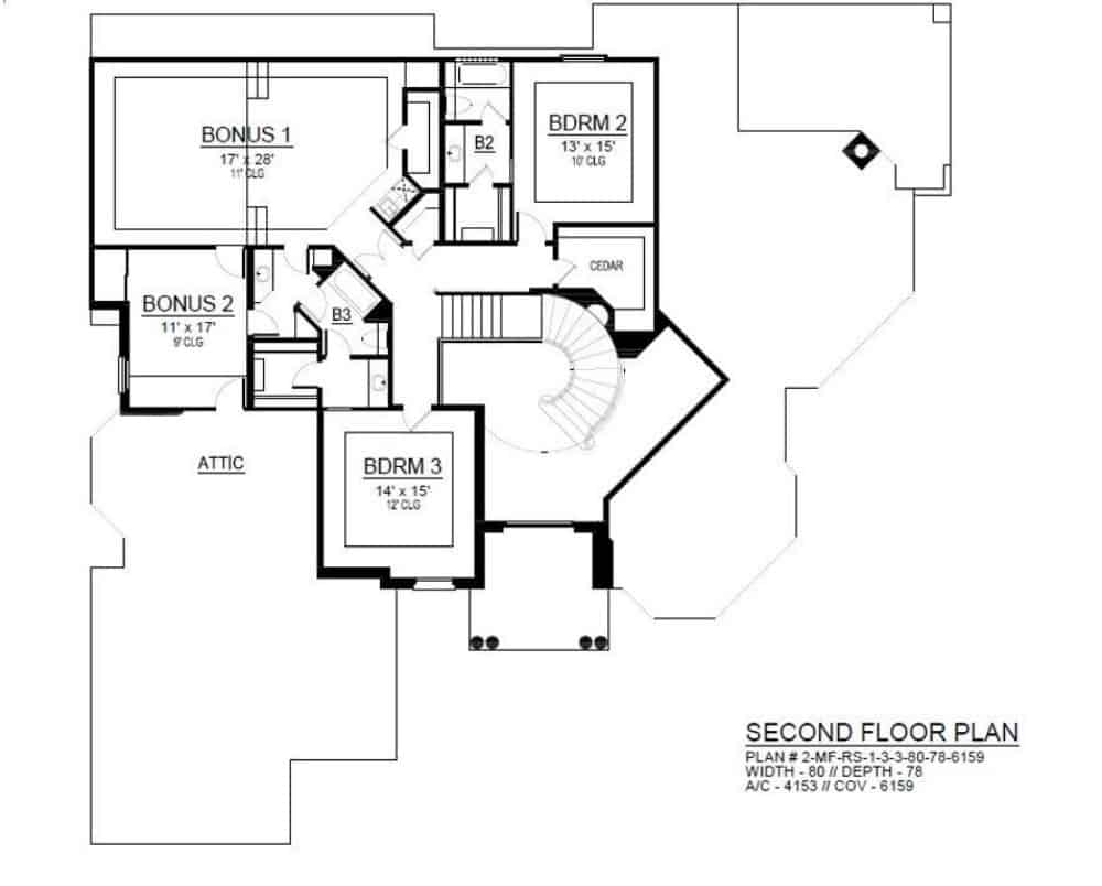Second level floor plan with two bedrooms, and two baths, and two bonus rooms.