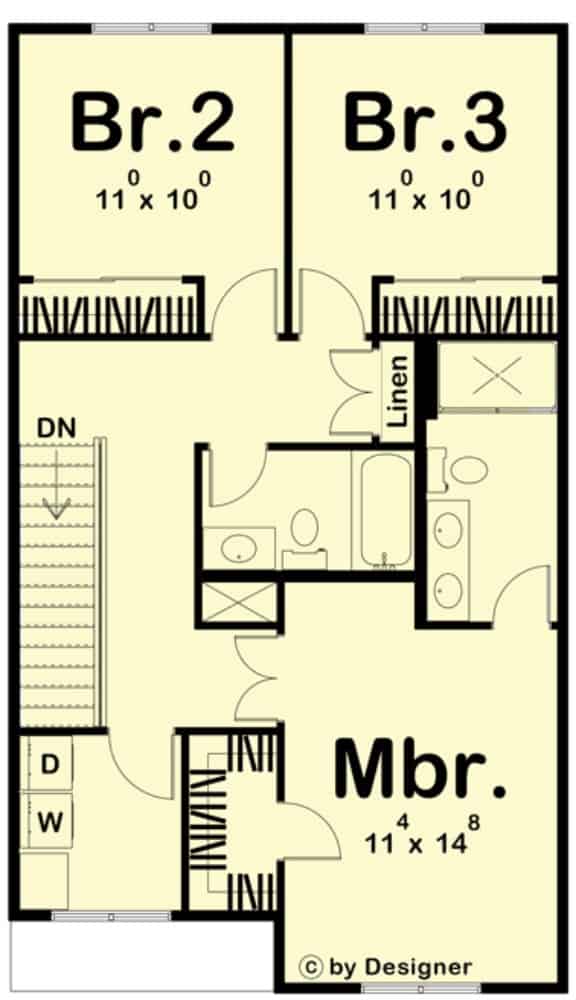 Second level floor plan three bedrooms, two bathrooms, and a laundry room.