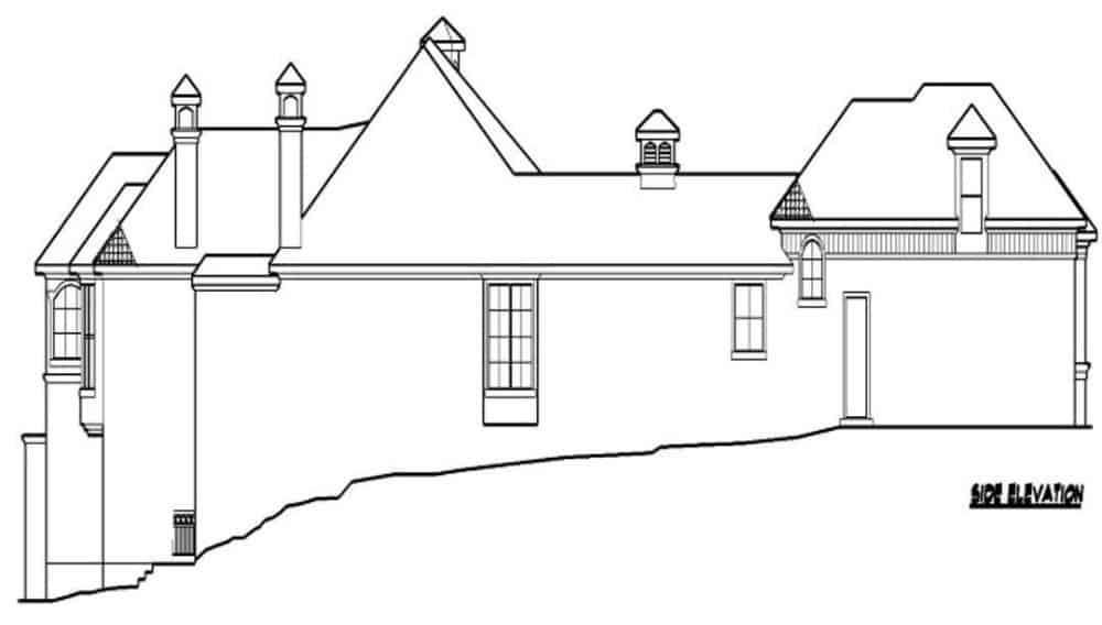 Side elevation sketch of the single-story 4-bedroom Mediterranean home.