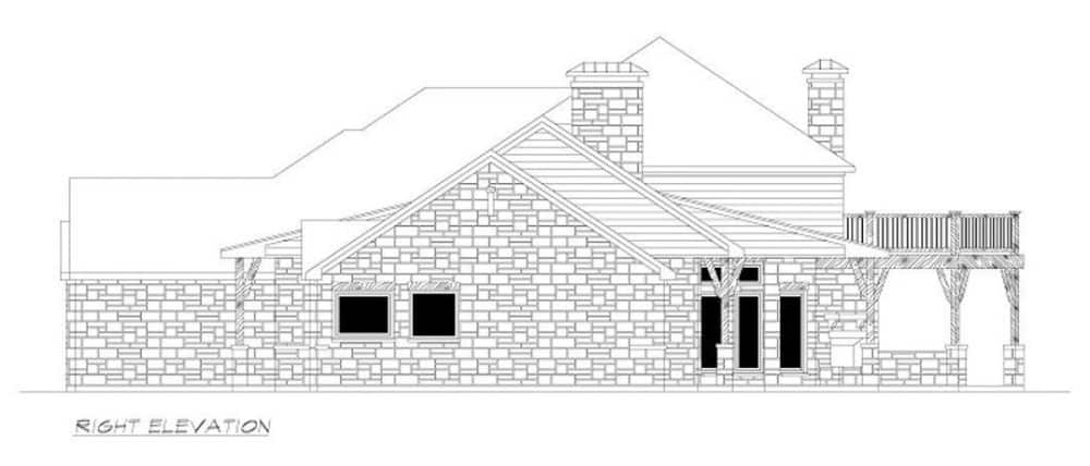 Right elevation sketch of the single-story 4-bedroom Southwestern home.