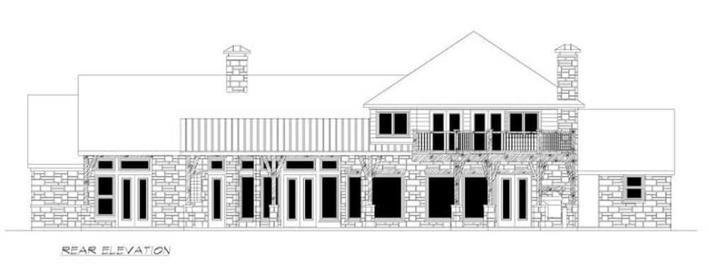 Rear elevation sketch of the single-story 4-bedroom Southwestern home.