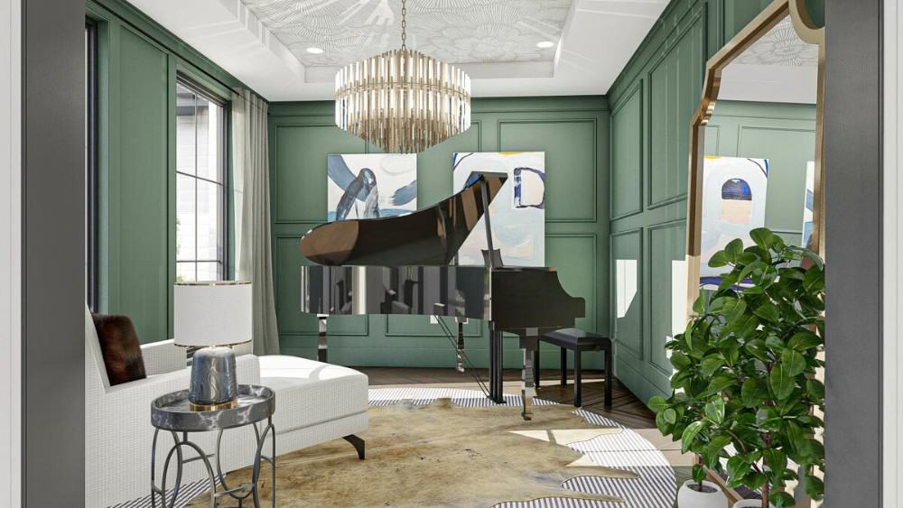 Living room with green wainscoted walls, a white chaise lounge, and a baby grand piano topped with a grand chandelier.