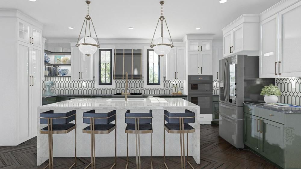 The kitchen is equipped with white cabinetry, slate appliances, and a breakfast island lined with contemporary bar stools.