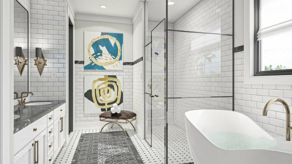 Primary bathroom with a dual sink vanity, a walk-in shower, and a freestanding tub fitted with brass fixtures.