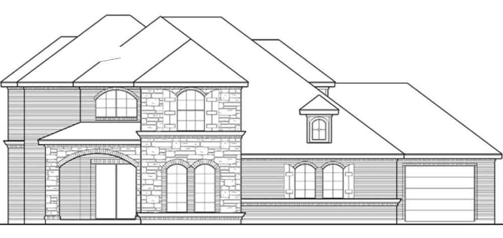 Front elevation sketch of the two-story 3-bedroom Neoclassical home.