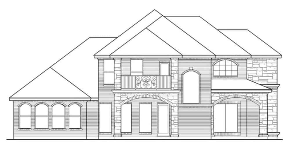 Left elevation sketch of the two-story 3-bedroom Neoclassical home.