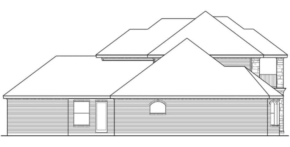 Rear elevation sketch of the two-story 3-bedroom Neoclassical home.