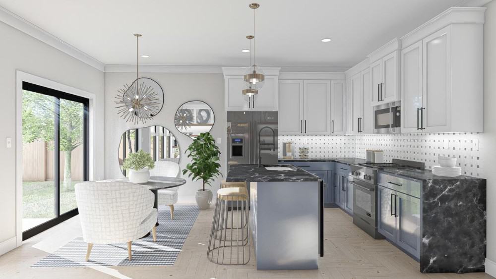 Just across the kitchen is the dining area with patterned wingback chairs and a marble-top dining table illuminated with a sputnik chandelier.