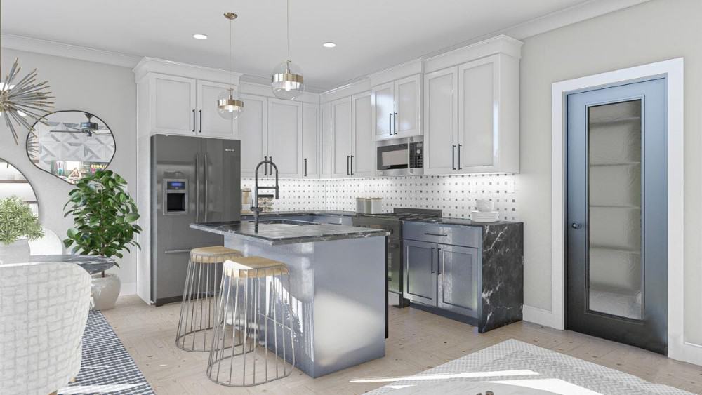 The kitchen offers white and gray cabinets, slate appliances, and a breakfast island paired with contemporary bar stools.