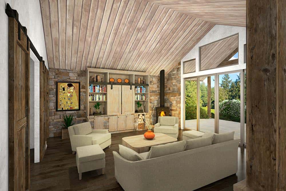 The living room has beige seats, a built-in cabinet, a freestanding fireplace, a stone accent wall, and a vaulted ceiling clad with wood planks.