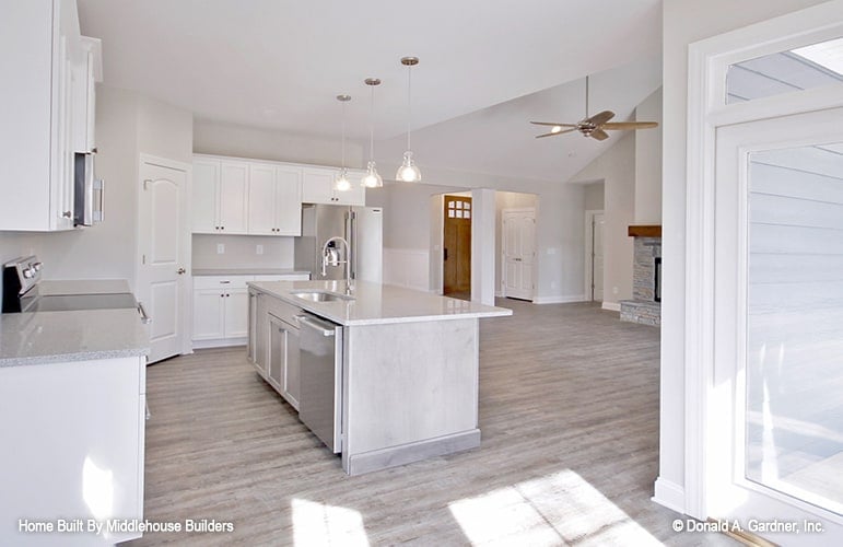View of the open kitchen and great room from the breakfast nook.