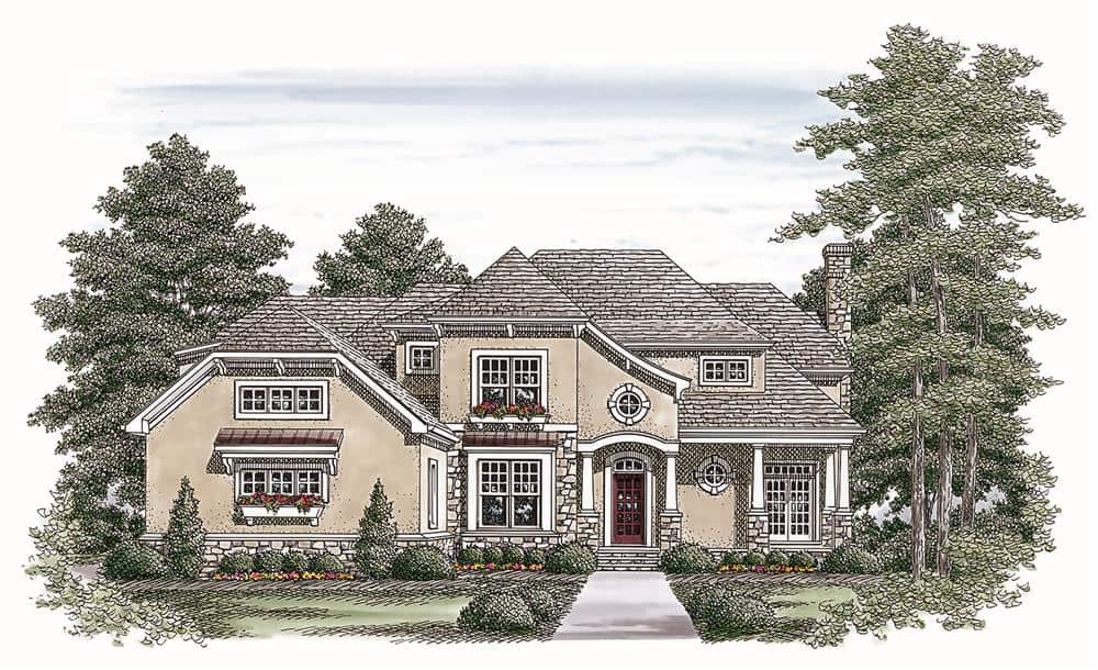 Front perspective sketch of the 4-bedroom craftsman style two-story cottage.