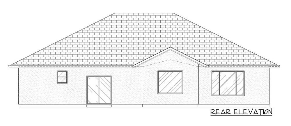 Rear elevation sketch of the 4-bedroom Tuscan style single-story ranch.
