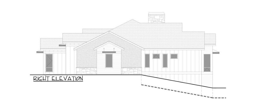 Right elevation sketch of the 4-bedroom single-story transitional home.
