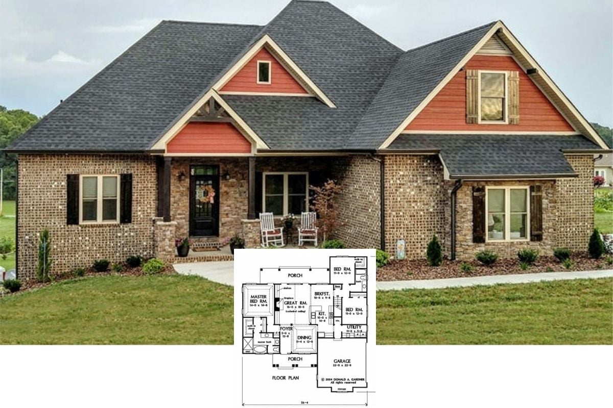 Enter Into This Traditional 1,837 Sq. Ft. 3-Bedroom Meadowlark Ranch Home with a Striking Red Gable Facade (Floor Plan)