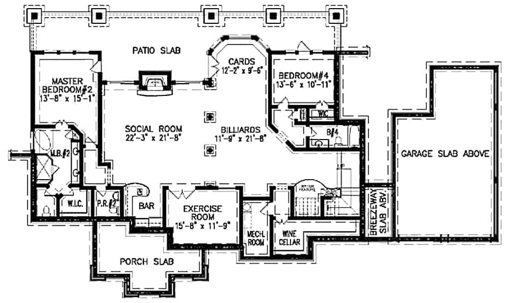 Lower level floor plan with two bedrooms, wine cellar, exercised room, billiards room, and a social room with a wet bar and patio access.