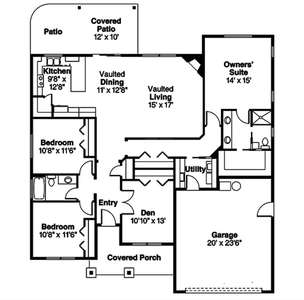 Main level floor plan of a 3-bedroom shingle-style single-story home with foyer, living room, dining area, kitchen, den, and utility room leading to the garage.