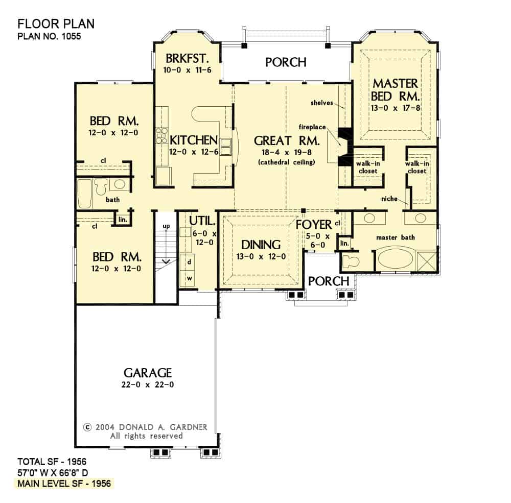 Main level floor plan of a 3-bedroom single-story The Unison Creek ranch with front and rear porches, foyer, great room, kitchen, dining room, breakfast nook, and utility leading to the garage.
