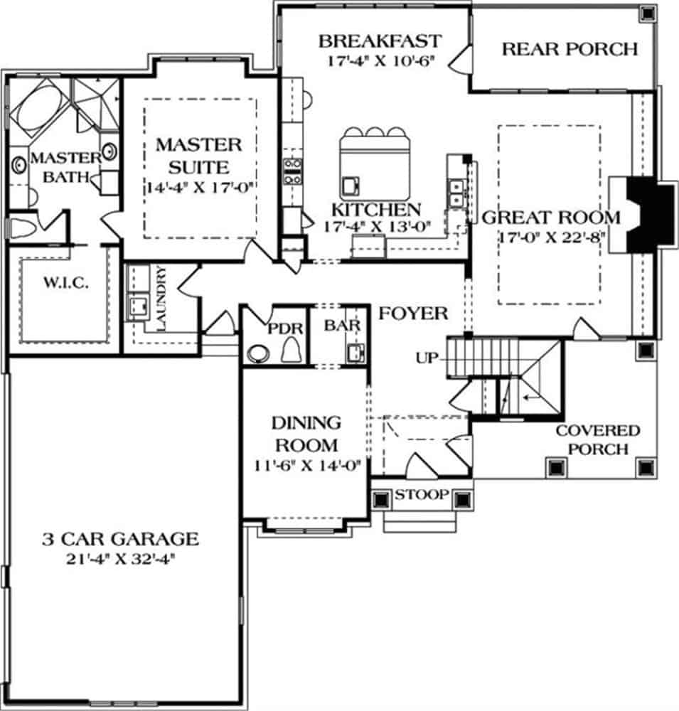 Main level floor plan of a 4-bedroom craftsman style two-story cottage with front and rear porches, foyer, great room, dining room, kitchen, breakfast nook, primary suite, laundry room, and a 3-car garage.