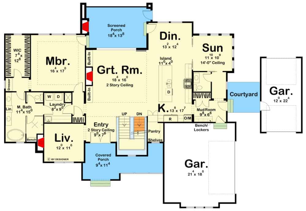 Main level floor plan of a modern two-story 4-bedroom farmhouse with foyer, living room, great room, kitchen, dining area, sunroom, primary suite, and mudroom leading to the garage.
