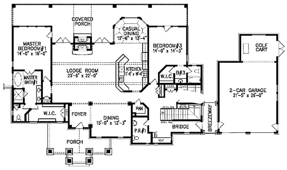 Main level floor plan of a single-story cottage style 4-bedroom home with front and rear porches, foyer, lodge room, dining room, kitchen, breakfast nook, and two bedrooms including the primary suite.