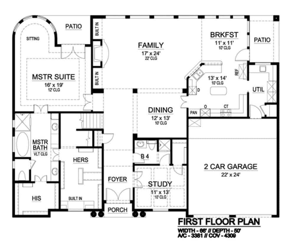 Main level floor plan of a two-story 3-bedroom traditional home with foyer, dining room, family room, kitchen, breakfast nook, study, primary suite, and utility that opens to the double garage.