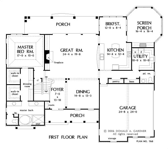 Main level floor plan of a two-story 4-bedroom The Holden traditional home with front and rear porches, foyer, dining room, great room, kitchen, breakfast nook, primary suite, and utility room.
