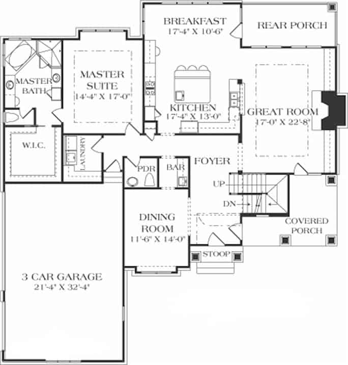 Main level floor plan of a two-story cottage style 5-bedroom home with foyer, great room, dining room, kitchen, breakfast nook, primary suite, and laundry room.