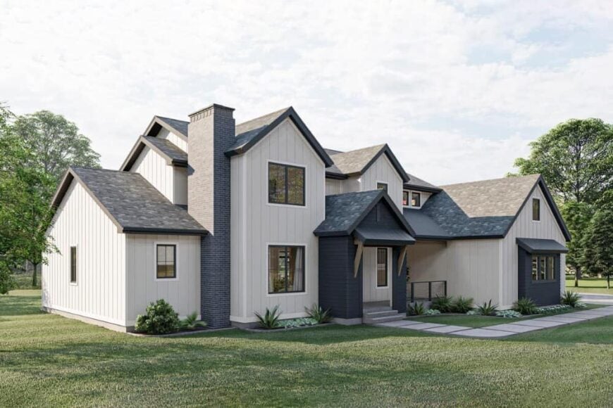 Left rendering with multiple gables, a stone chimney, and loads of framed windows.
